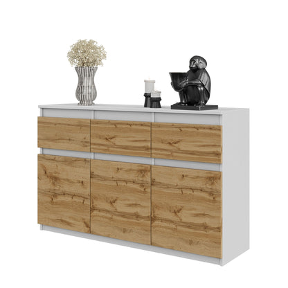 NOAH - Kommode / Sideboard mit 3 Schubladen und 3 Türen - Weiß Matt / Wotan Eiche H75cm B120cm T35cm