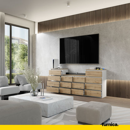 GABRIEL - Kommode / Sideboard mit 14 Schubladen (4+6+4) - Weiß Matt / Wotan Eiche H92/70cm B220cm T33cm