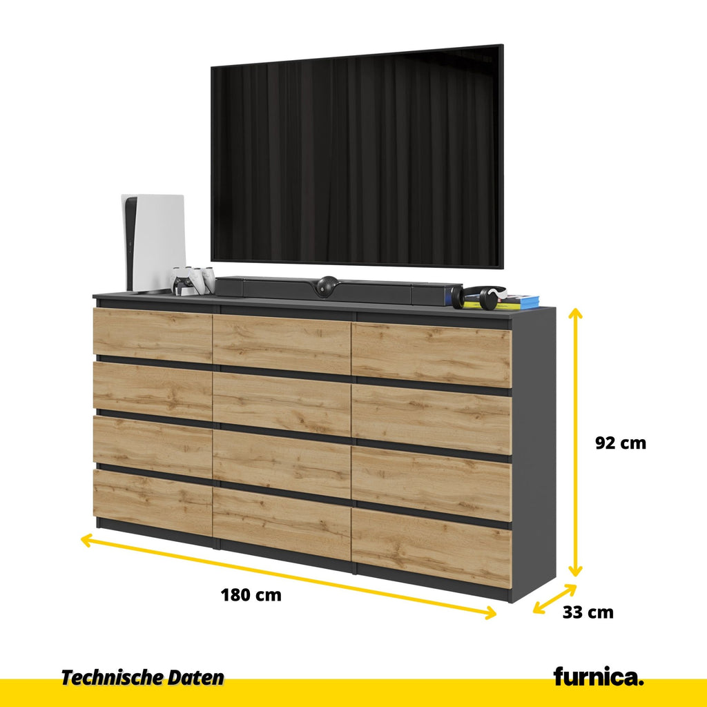 GABRIEL - Kommode / Sideboard mit 12 Schubladen (8+4) - Anthrazit / Wotan Eiche H92cm B180cm T33cm