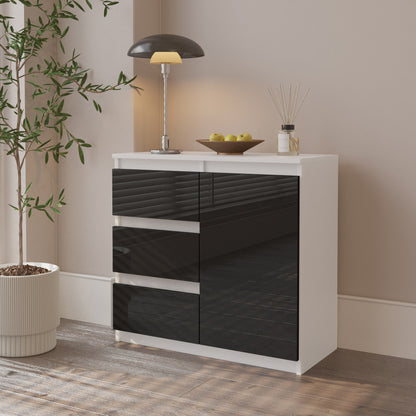 MIKEL - Kommode / Sideboard mit 3 Schubladen und 1 Tür - Weiß Matt / Schwarz Gloss H75cm B80cm T35cm