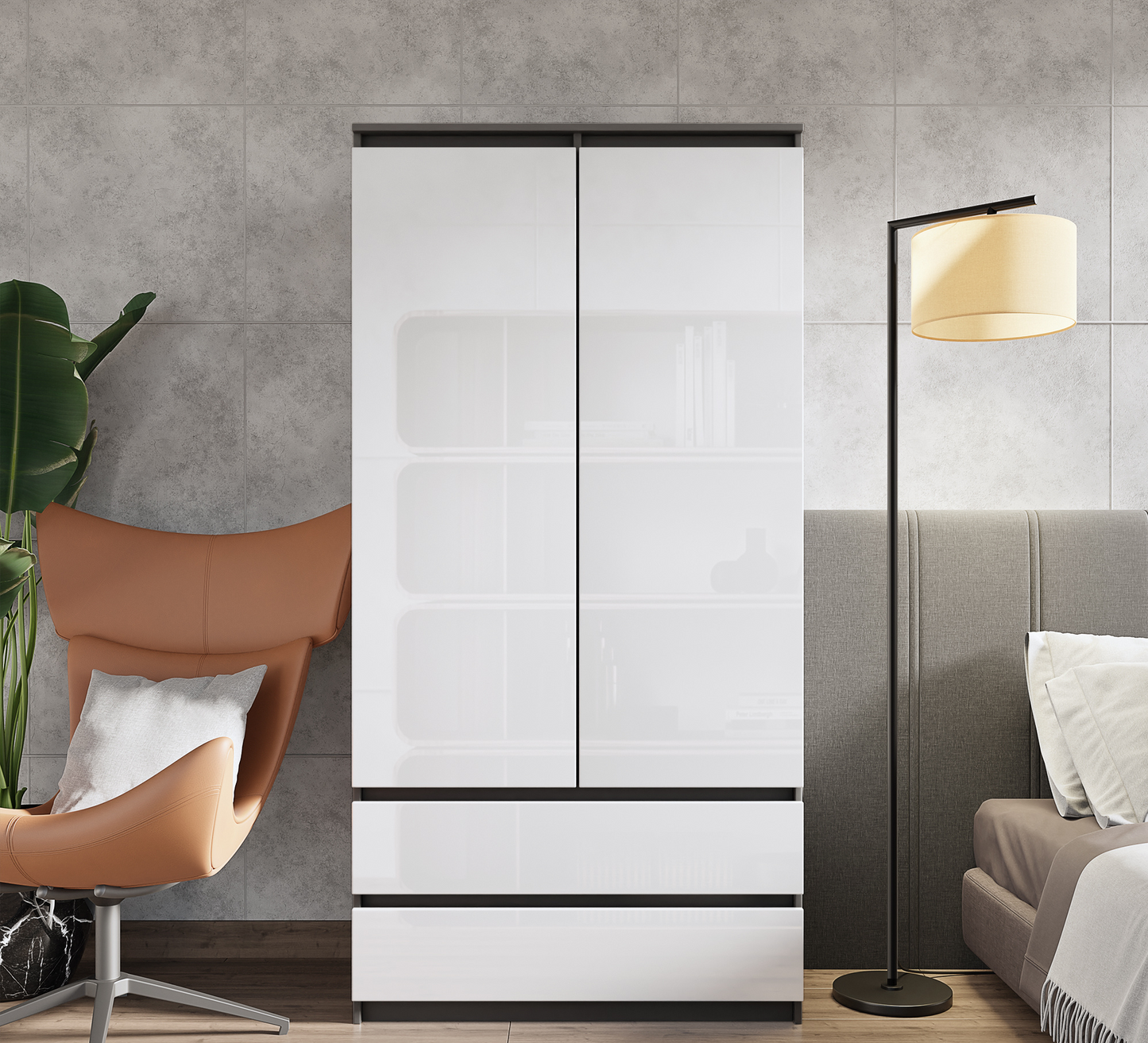 JOELLE - Kleiderschrank mit 2 Türen und 2 Schubladen -  Anthrazit / Weißglanz H180cm B90cm T50cm