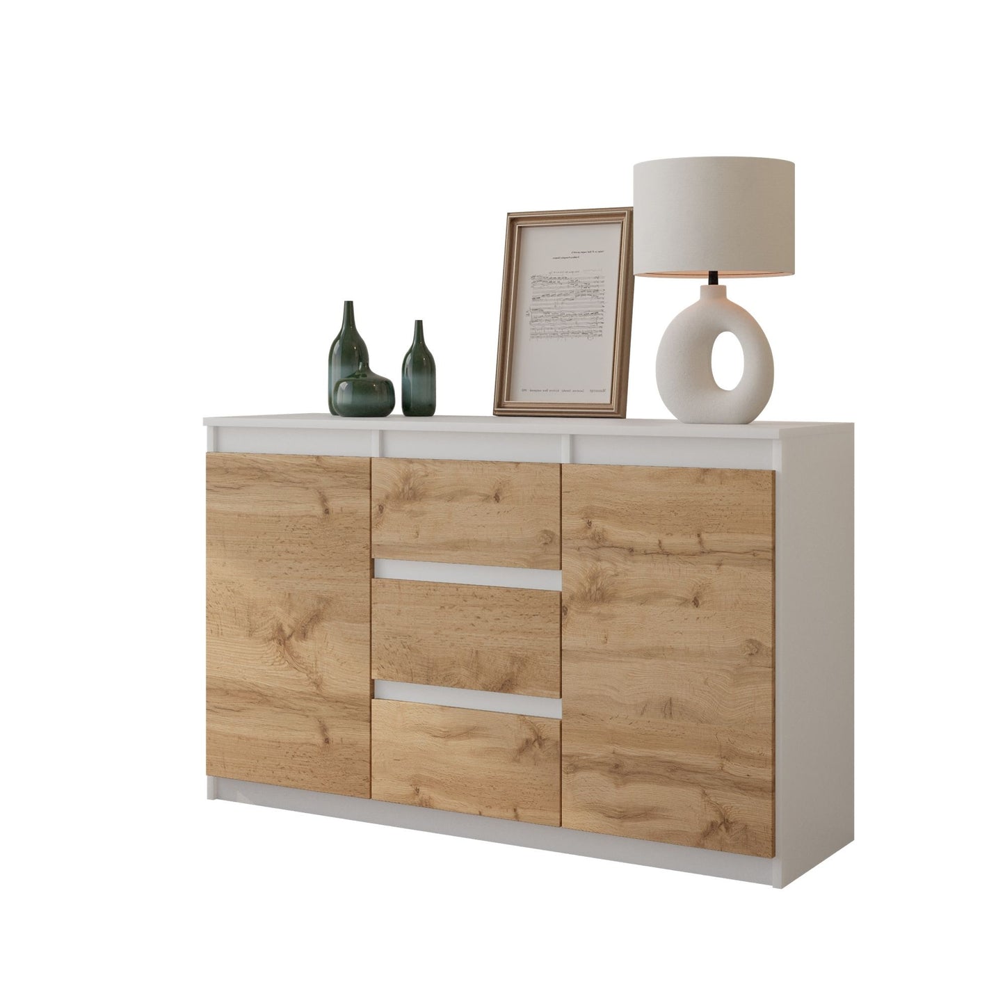 MIKEL - Kommode / Sideboard mit 3 Schubladen und 2 Türen - Weiß Matt / Wotan Eiche H75cm B120cm T35cm