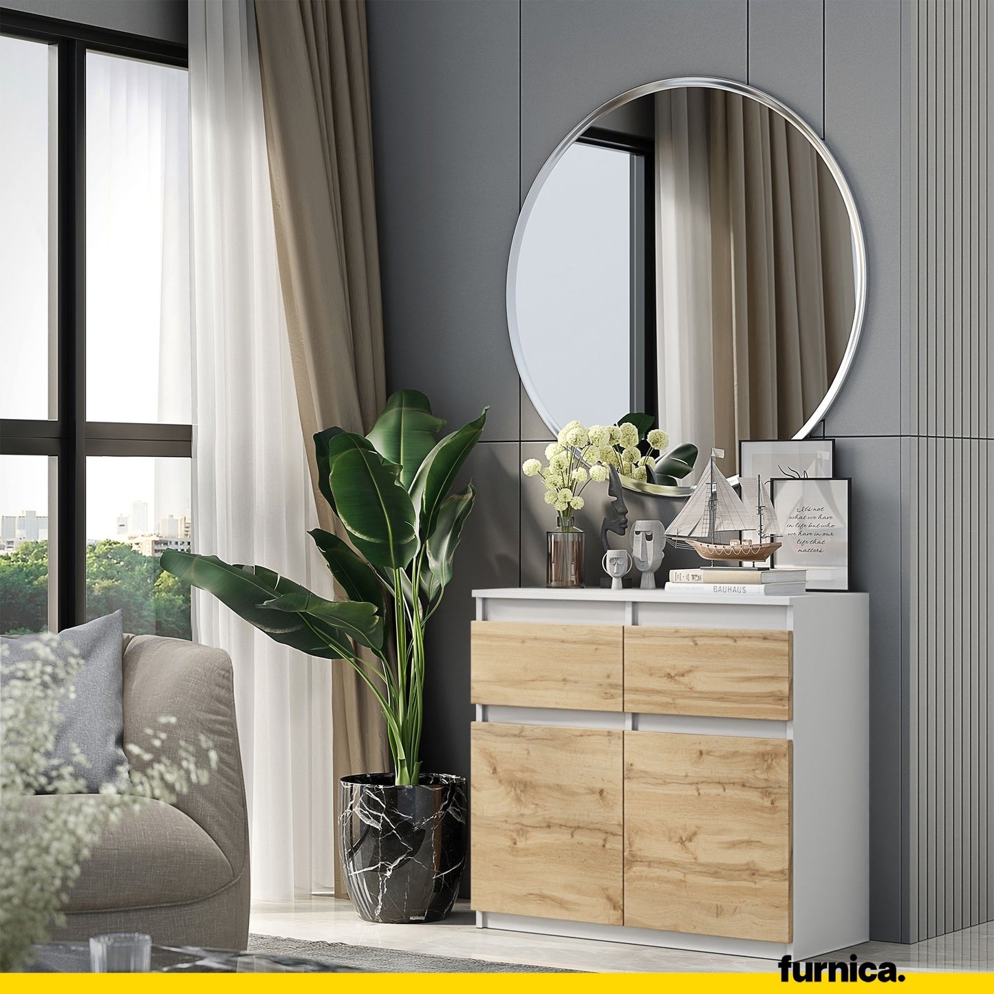 NOAH - Kommode / Sideboard mit 2 Schubladen und 2 Türen - Weiß Matt / Wotan Eiche H75cm B80cm T35cm