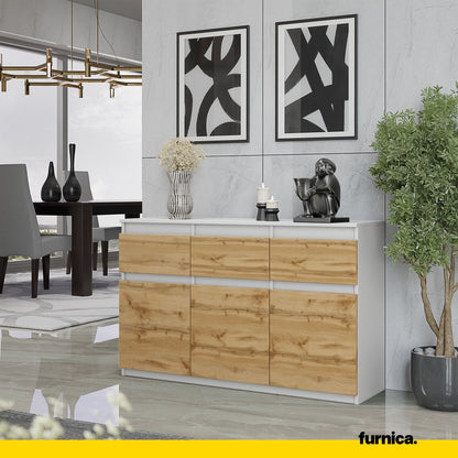 NOAH - Kommode / Sideboard mit 3 Schubladen und 3 Türen - Weiß Matt / Wotan Eiche H75cm B120cm T35cm