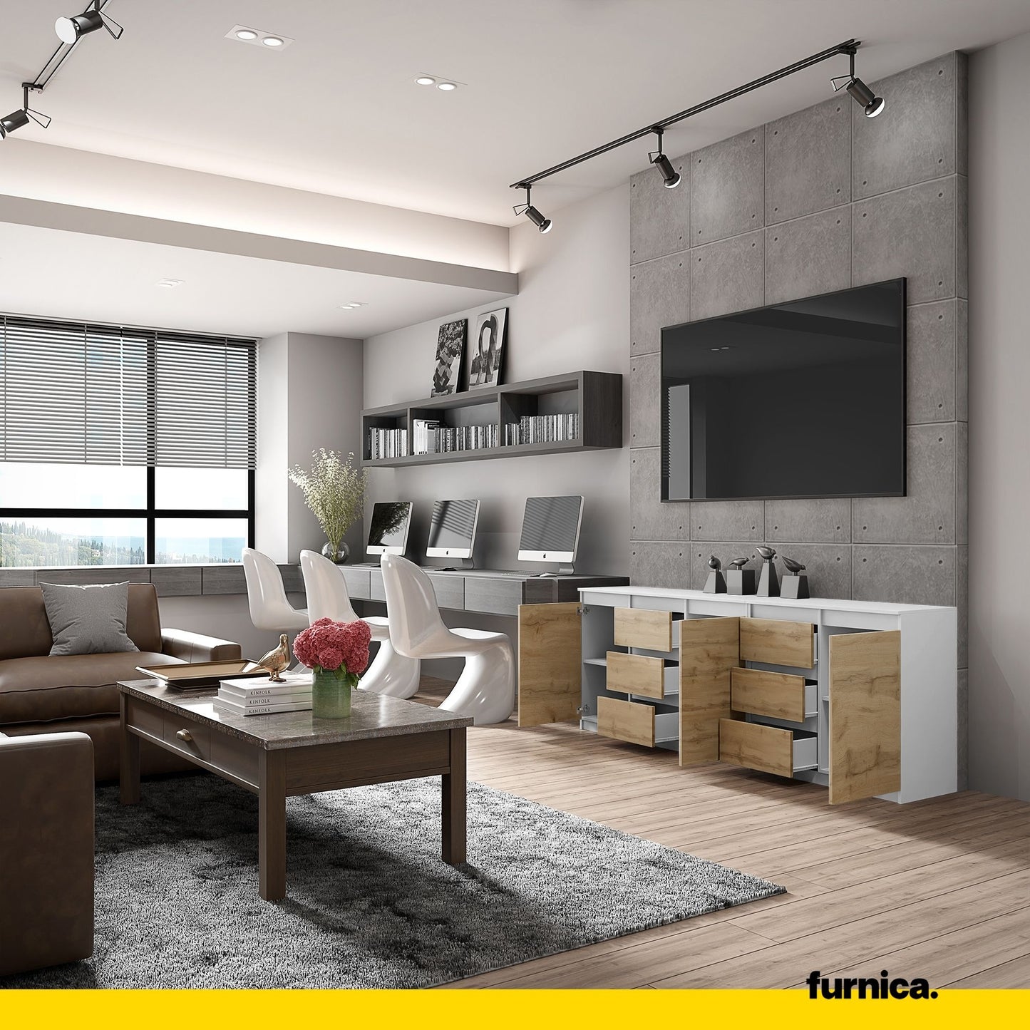 MIKEL - Kommode mit 6 Schubladen und 3 Türen - Schlafzimmer Kommode Aufbewahrungsschrank Sideboard - Weiß Matt / Wotan Eiche H75cm B200cm T35cm