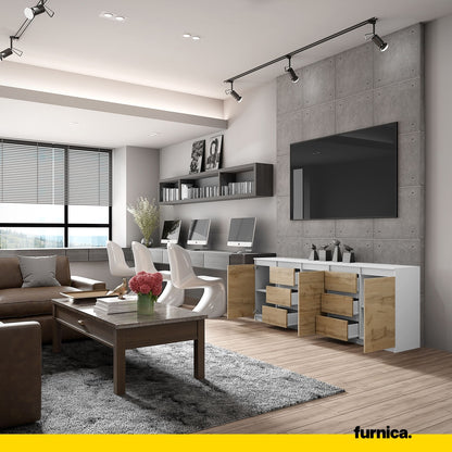 MIKEL - Kommode mit 6 Schubladen und 3 Türen - Schlafzimmer Kommode Aufbewahrungsschrank Sideboard - Weiß Matt / Wotan Eiche H75cm B200cm T35cm