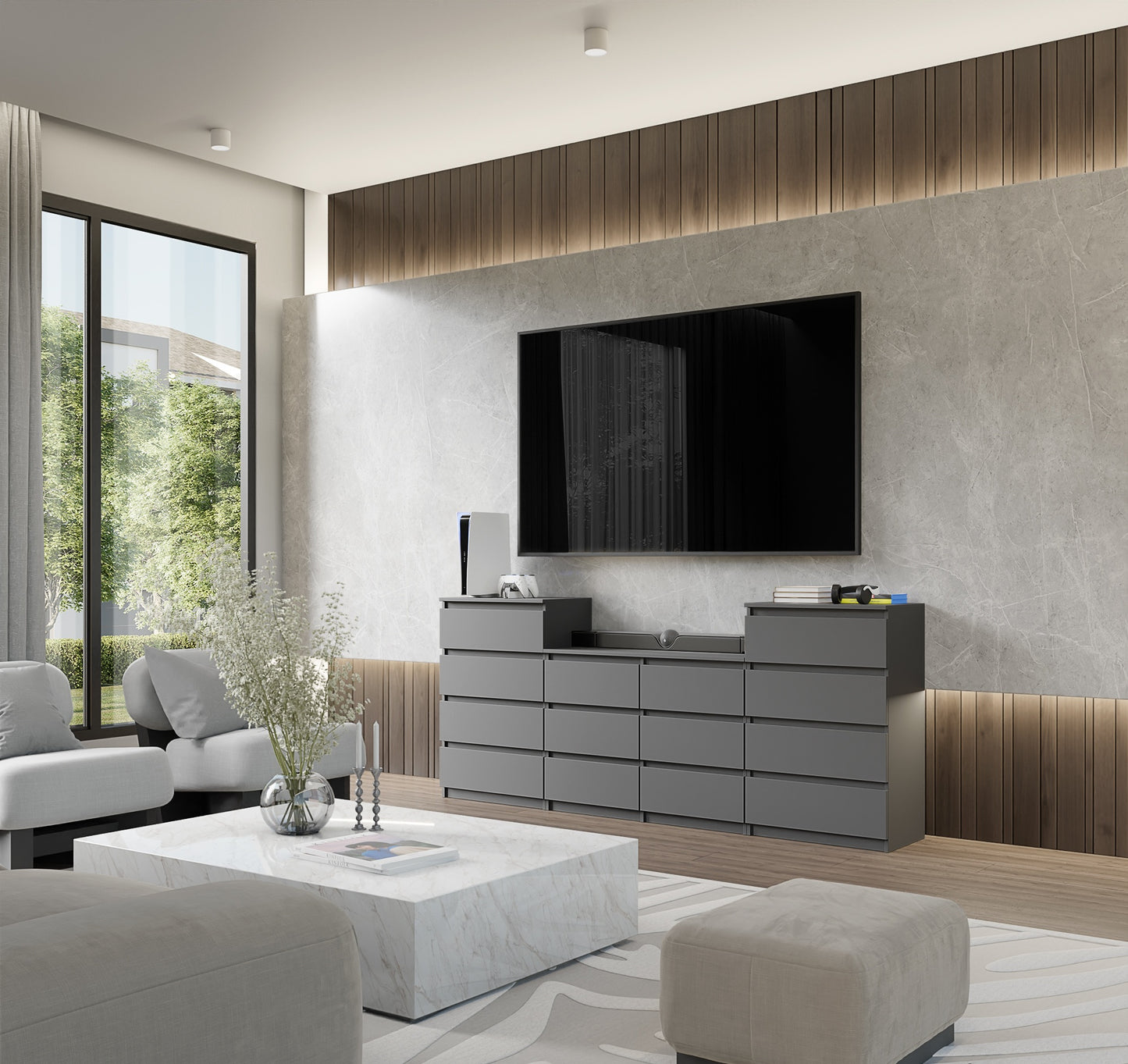 GABRIEL - Kommode / Sideboard mit 14 Schubladen (4+6+4) -  Anthrazit Grau H92/70cm B220cm T33cm