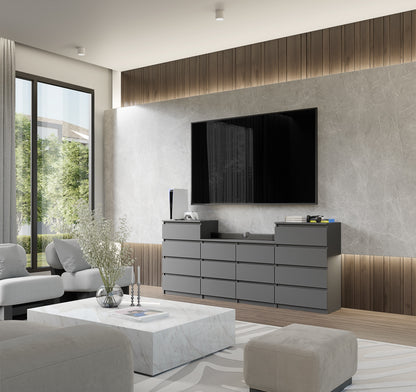 GABRIEL - Kommode / Sideboard mit 14 Schubladen (4+6+4) -  Anthrazit Grau H92/70cm B220cm T33cm