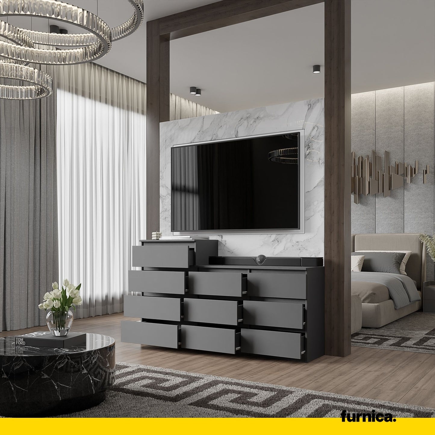 GABRIEL - Kommode / Sideboard mit 10 Schubladen (6+4) - Anthrazit Grau H92/70cm B160cm T33cm