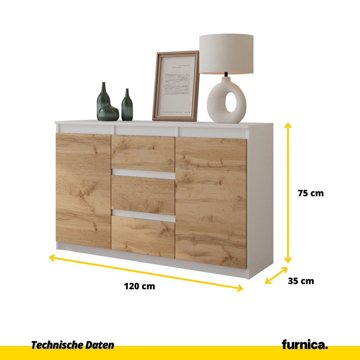 Kommode 120 cm MIKEL, Weiß Matt/Wotan – Furnica