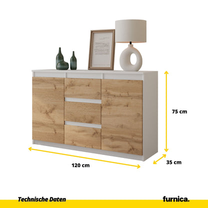 MIKEL - Kommode / Sideboard mit 3 Schubladen und 2 Türen - Weiß Matt / Wotan Eiche H75cm B120cm T35cm