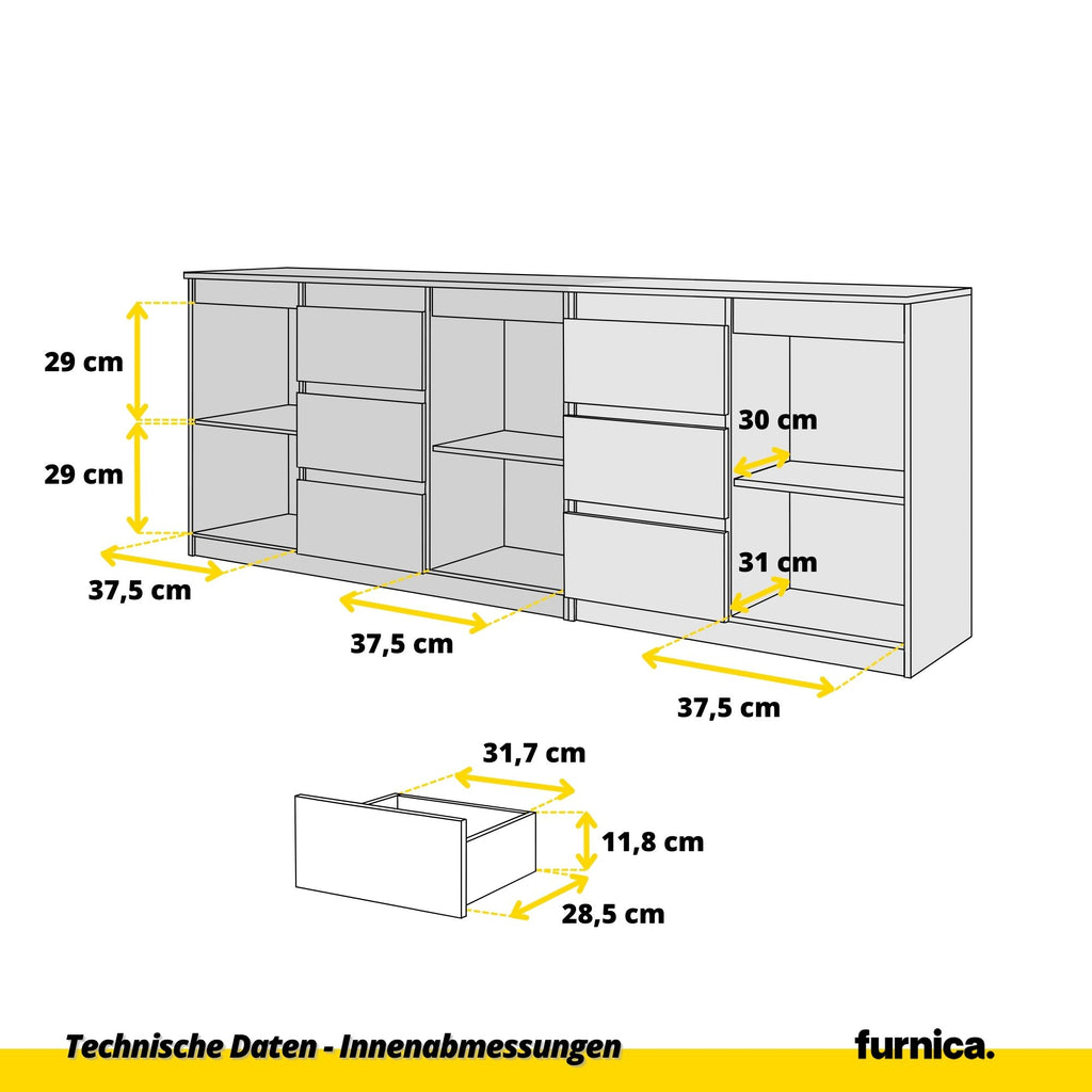 MIKEL - Kommode mit 6 Schubladen und 3 Türen - Schlafzimmer Kommode Aufbewahrungsschrank Sideboard - Weiß Matt / Wotan Eiche H75cm B200cm T35cm