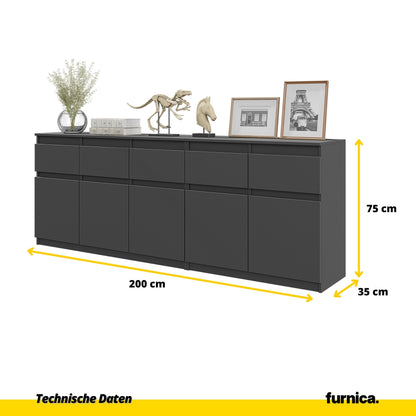 NOAH - Kommode mit 5 Schubladen und 5 Türen - Schlafzimmer Kommode Aufbewahrungsschrank Sideboard - Anthrazit H75cm B200cm T35cm