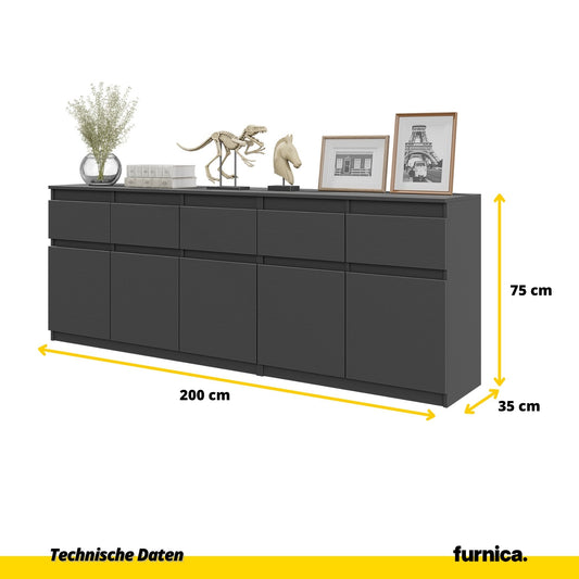NOAH - Kommode mit 5 Schubladen und 5 Türen - Schlafzimmer Kommode Aufbewahrungsschrank Sideboard - Anthrazit H75cm B200cm T35cm