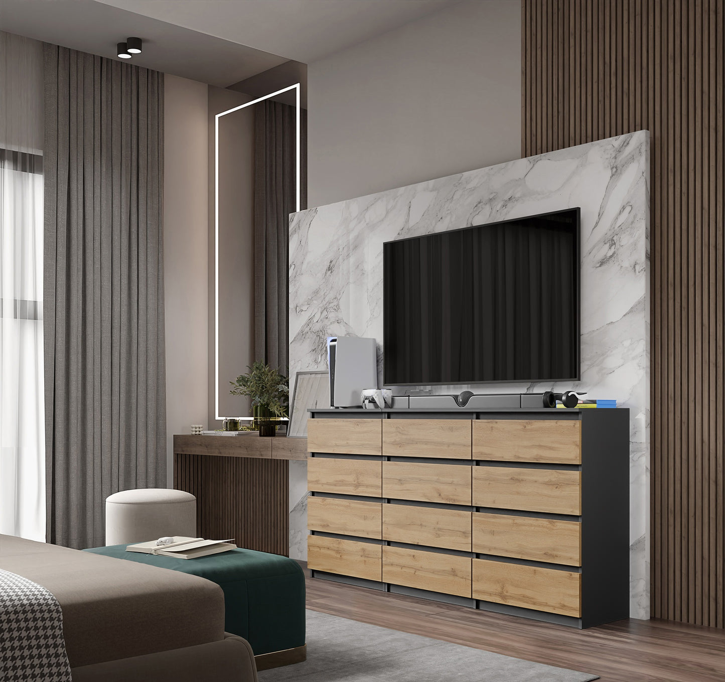 GABRIEL - Kommode / Sideboard mit 12 Schubladen (8+4) - Anthrazit / Wotan Eiche H92cm B180cm T33cm