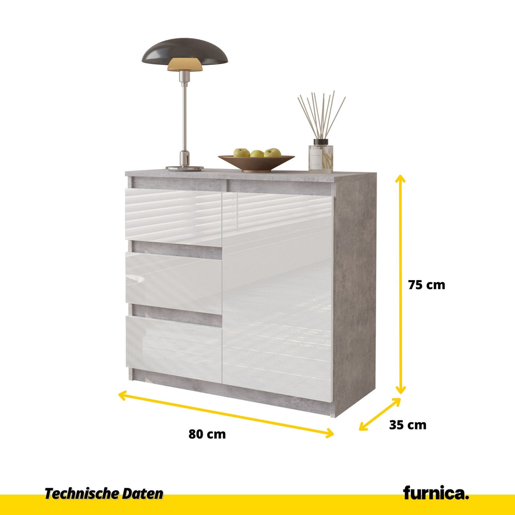 MIKEL - Kommode / Sideboard mit 3 Schubladen und 1 Tür - Beton-Optik / Weiß Gloss H75cm B80cm T35cm