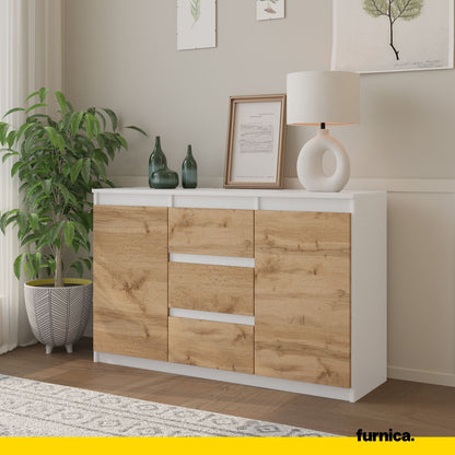 MIKEL - Kommode / Sideboard mit 3 Schubladen und 2 Türen - Weiß Matt / Wotan Eiche H75cm B120cm T35cm
