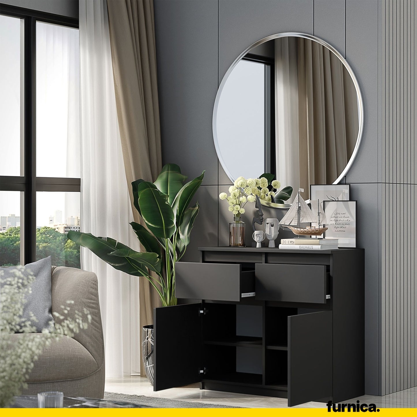 NOAH - Kommode / Sideboard mit 2 Schubladen und 2 Türen - Anthrazit Grau H75cm B80cm T35cm
