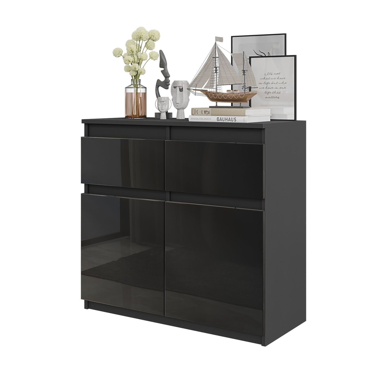 NOAH - Kommode / Sideboard mit 2 Schubladen und 2 Türen - Anthrazit Grau / Schwarz Gloss H75cm B80cm T35cm