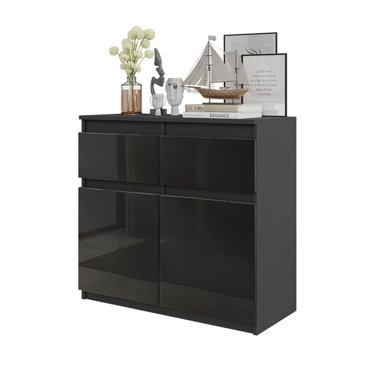 NOAH - Kommode / Sideboard mit 2 Schubladen und 2 Türen - Anthrazit Grau / Schwarz Gloss H75cm B80cm T35cm