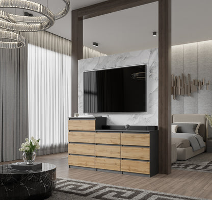 GABRIEL - Kommode / Sideboard mit 10 Schubladen (6+4) - Anthrazit Grau / Wotan Eiche H92/70cm B160cm T33cm
