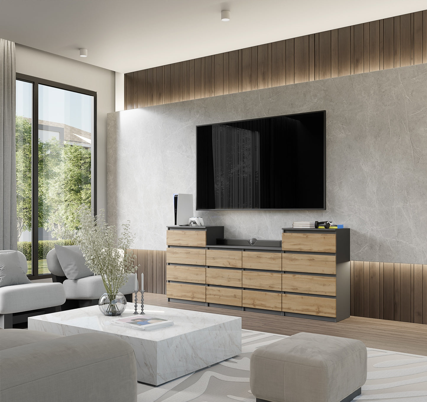 GABRIEL - Kommode / Sideboard mit 14 Schubladen (4+6+4) -  Anthrazit Grau / Wotan Eiche H92/70cm B220cm T33cm