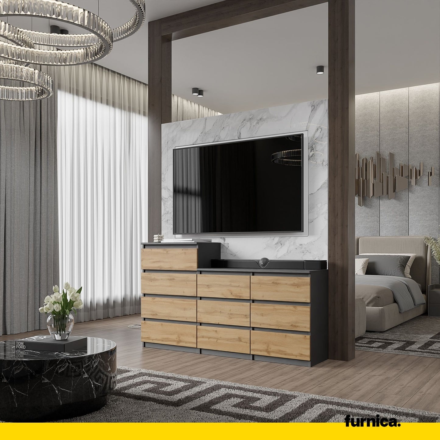 GABRIEL - Kommode / Sideboard mit 10 Schubladen (6+4) - Anthrazit Grau / Wotan Eiche H92/70cm B160cm T33cm