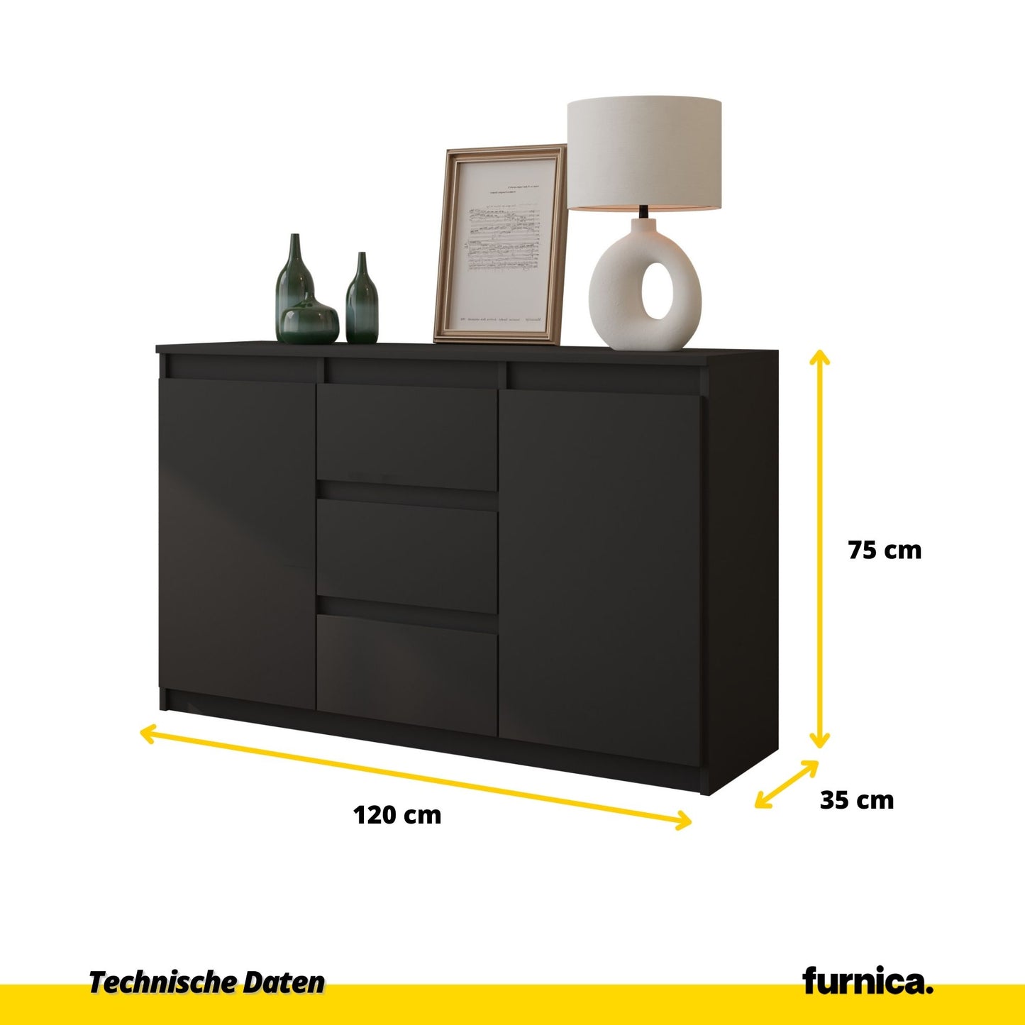 MIKEL - Kommode / Sideboard mit 3 Schubladen und 2 Türen - Anthrazit Grau H75cm B120cm T35cm