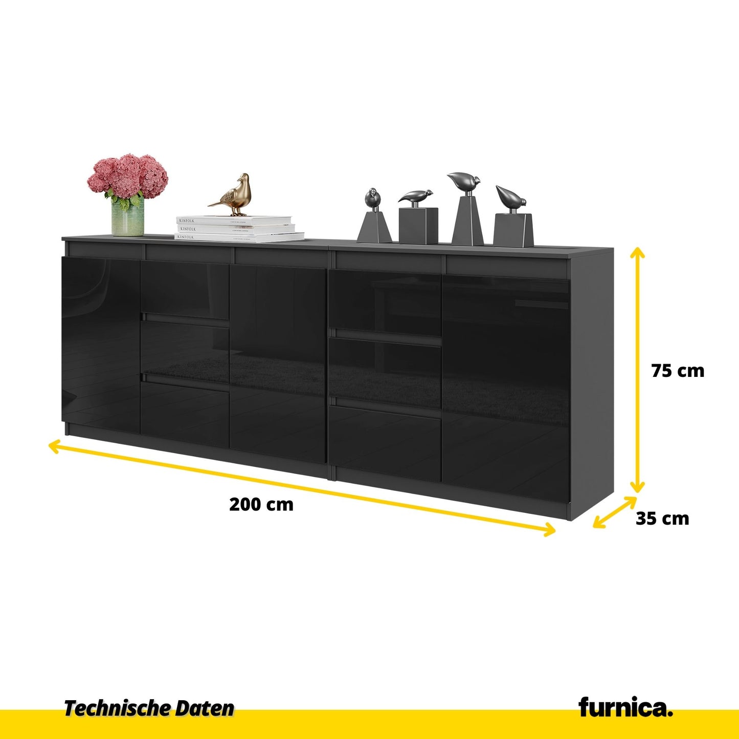 MIKEL - Kommode mit 6 Schubladen und 3 Türen - Schlafzimmer Kommode Aufbewahrungsschrank Sideboard - Anthrazit / Schwarz Glanz H75cm B200cm T35cm