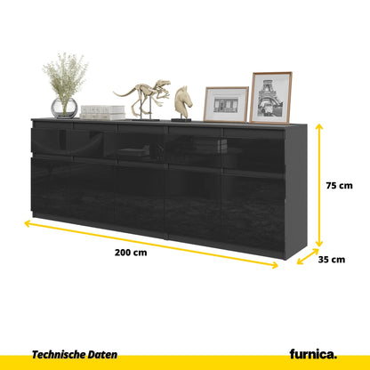 NOAH - Kommode mit 5 Schubladen und 5 Türen - Schlafzimmer Kommode Aufbewahrungsschrank Sideboard - Anthrazit / Schwarz Glanz H75cm B200cm T35cm