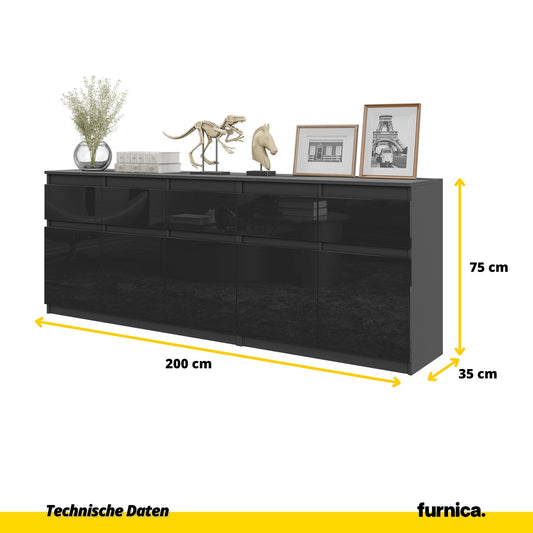 NOAH - Kommode mit 5 Schubladen und 5 Türen - Schlafzimmer Kommode Aufbewahrungsschrank Sideboard - Anthrazit / Schwarz Glanz H75cm B200cm T35cm