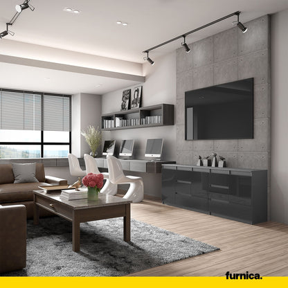 MIKEL - Kommode mit 6 Schubladen und 3 Türen - Schlafzimmer Kommode Aufbewahrungsschrank Sideboard - Anthrazit / Schwarz Glanz H75cm B200cm T35cm