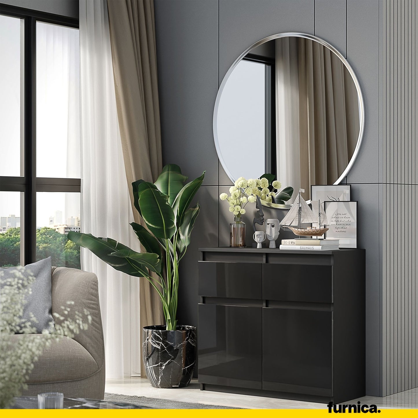 NOAH - Kommode / Sideboard mit 2 Schubladen und 2 Türen - Anthrazit Grau / Schwarz Gloss H75cm B80cm T35cm