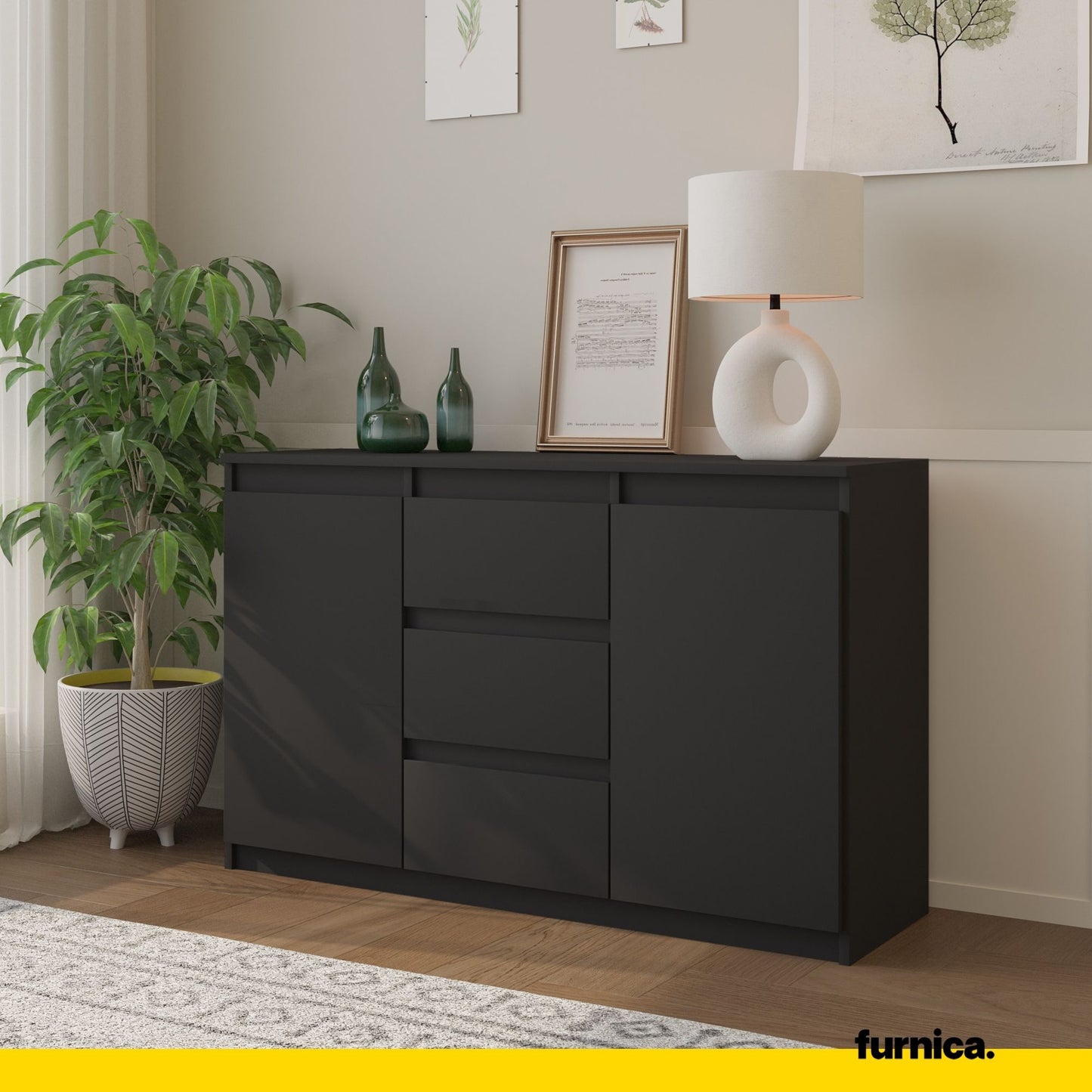 MIKEL - Kommode / Sideboard mit 3 Schubladen und 2 Türen - Anthrazit Grau H75cm B120cm T35cm