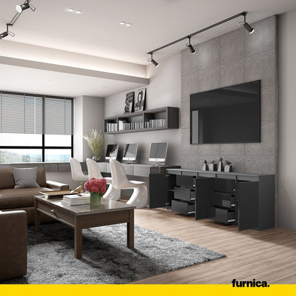 MIKEL - Kommode mit 6 Schubladen und 3 Türen - Schlafzimmer Kommode Aufbewahrungsschrank Sideboard - Anthrazit / Schwarz Glanz H75cm B200cm T35cm