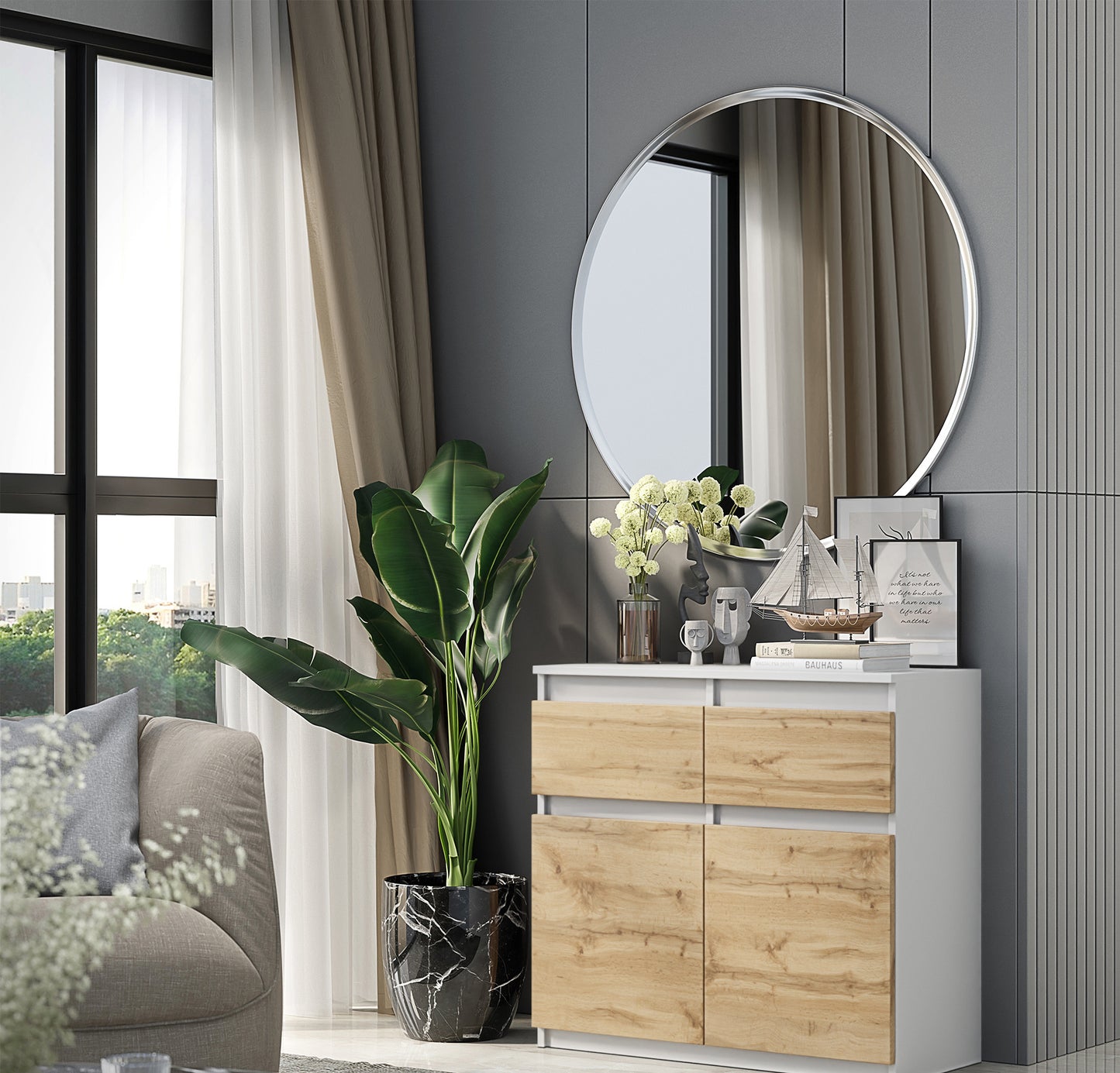 NOAH - Kommode / Sideboard mit 2 Schubladen und 2 Türen - Weiß Matt / Wotan Eiche H75cm B80cm T35cm