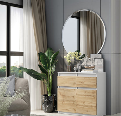 NOAH - Kommode / Sideboard mit 2 Schubladen und 2 Türen - Weiß Matt / Wotan Eiche H75cm B80cm T35cm