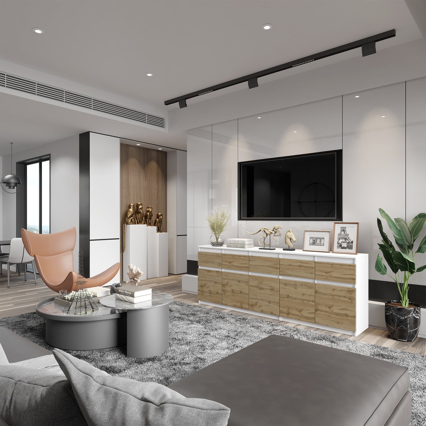 NOAH - Kommode mit 5 Schubladen und 5 Türen - Schlafzimmer Kommode Aufbewahrung Schrank Sideboard - Weiß Matt / Wotan Eiche H75cm B200cm T35cm