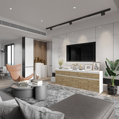 NOAH - Kommode mit 5 Schubladen und 5 Türen - Schlafzimmer Kommode Aufbewahrung Schrank Sideboard - Weiß Matt / Wotan Eiche H75cm B200cm T35cm