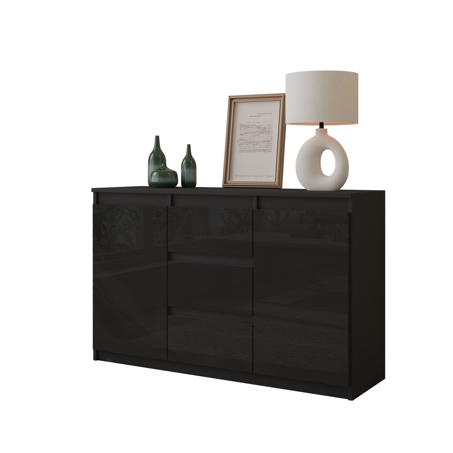 MIKEL - Kommode / Sideboard mit 3 Schubladen und 2 Türen - Anthrazit Grau / Schwarz Gloss H75cm B120cm T35cm