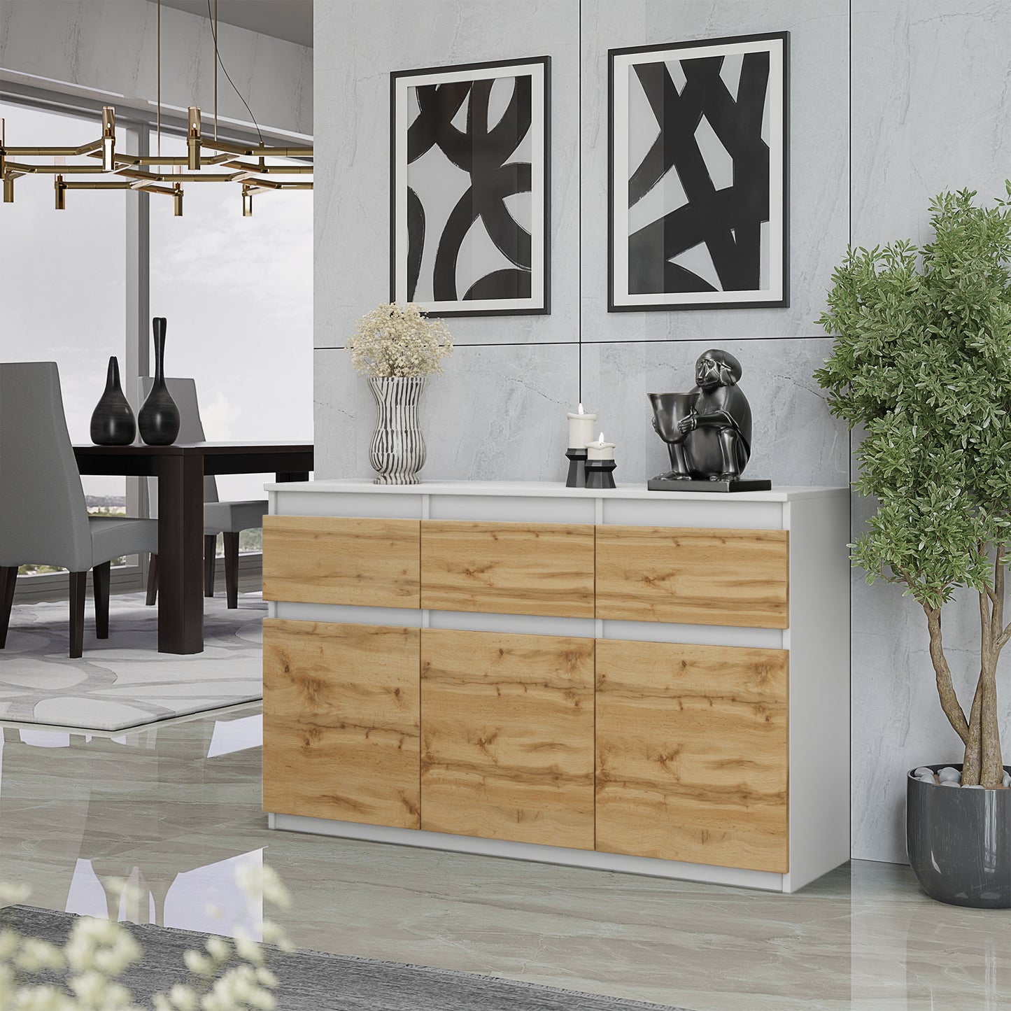 NOAH - Kommode / Sideboard mit 3 Schubladen und 3 Türen - Weiß Matt / Wotan Eiche H75cm B120cm T35cm