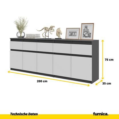 NOAH - Kommode mit 5 Schubladen und 5 Türen - Schlafzimmer Kommode Aufbewahrungsschrank Sideboard - Anthrazit / Weiß Matt H75cm B200cm T35cm