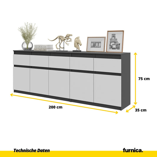 NOAH - Kommode mit 5 Schubladen und 5 Türen - Schlafzimmer Kommode Aufbewahrungsschrank Sideboard - Anthrazit / Weiß Matt H75cm B200cm T35cm