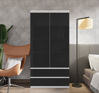 JOELLE - Kleiderschrank mit 2 Türen und 2 Schubladen -  Weiß Matt / Schwarz Gloss H180cm B90cm T50cm