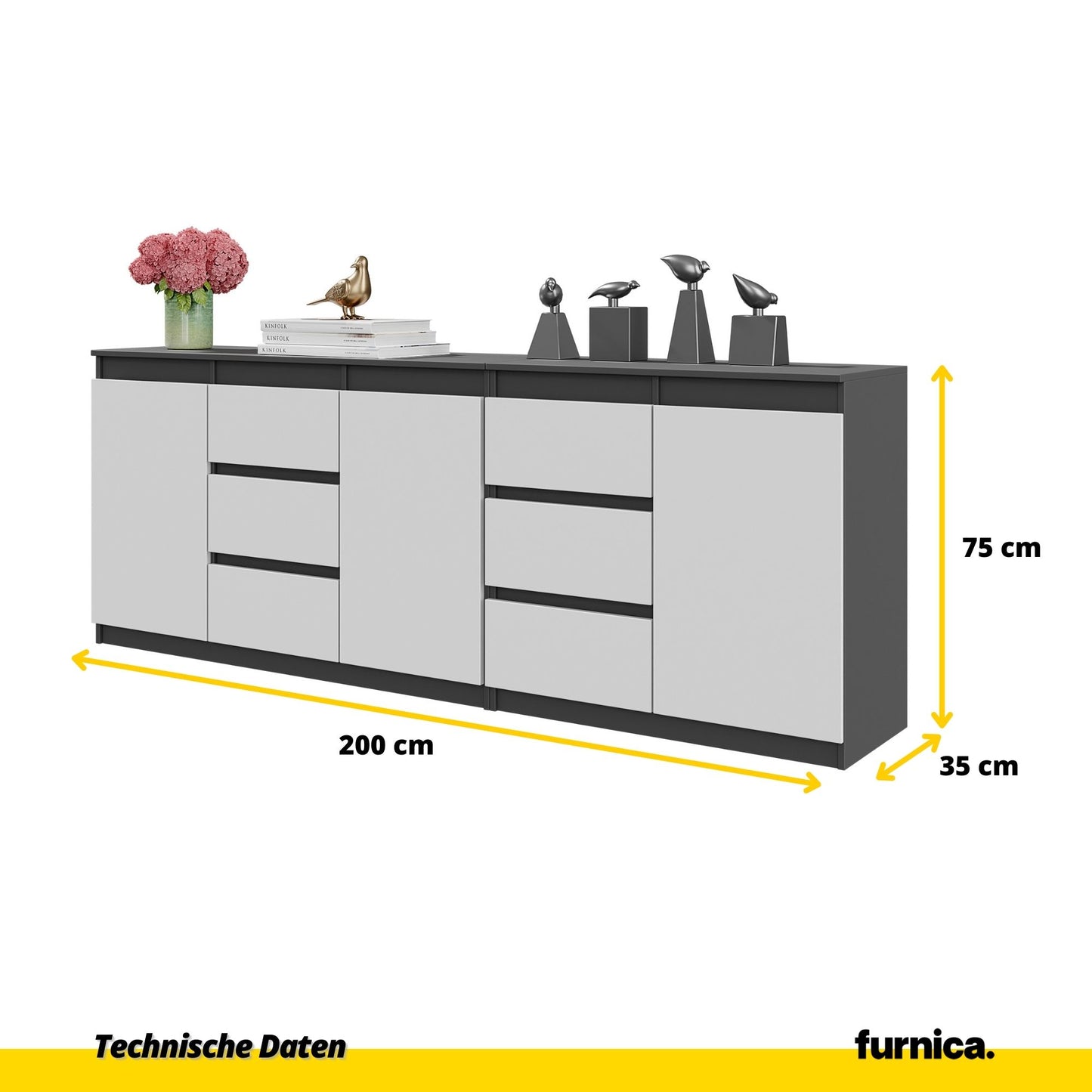 MIKEL - Kommode mit 6 Schubladen und 3 Türen - Schlafzimmer Kommode Aufbewahrungsschrank Sideboard - Anthrazit / Weiß Matt H75cm B200cm T35cm