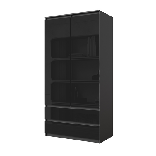 JOELLE - Kleiderschrank mit 2 Türen und 2 Schubladen -  Anthrazit / Schwarz Gloss H180cm B90cm T50cm