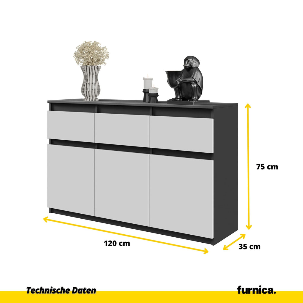 NOAH - Kommode / Sideboard mit 3 Schubladen und 3 Türen - Anthrazit Grau / Weiß Matt H75cm B120cm T35cm