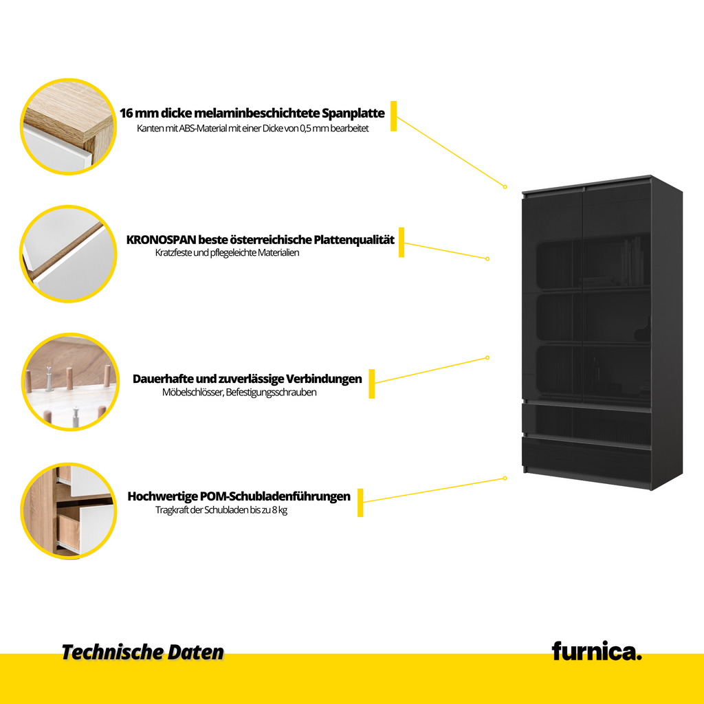 JOELLE - Kleiderschrank mit 2 Türen und 2 Schubladen -  Anthrazit / Schwarz Gloss H180cm B90cm T50cm