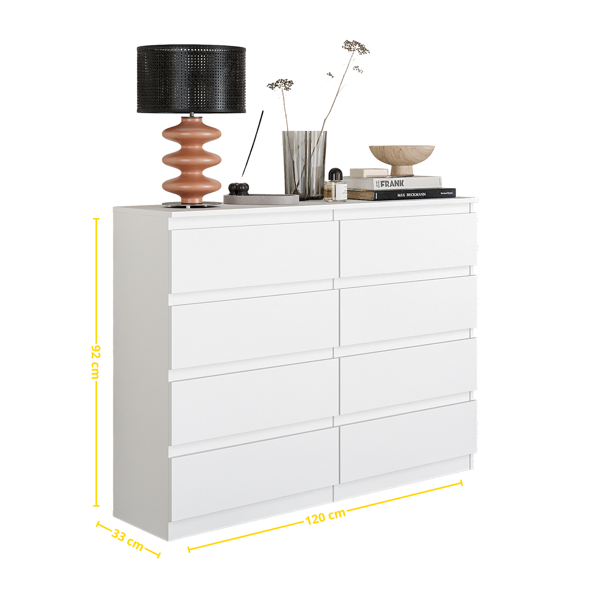 Kommode 120 cm GABRIEL, 8 Schubladen, Weiß Matt – Furnica