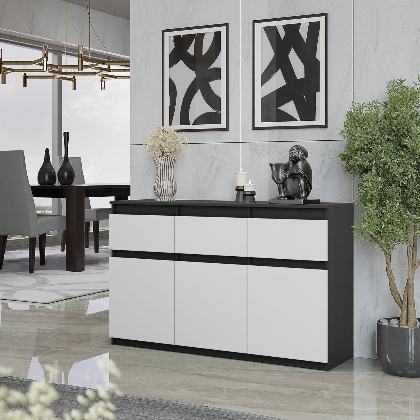 NOAH - Kommode / Sideboard mit 3 Schubladen und 3 Türen - Anthrazit Grau / Weiß Matt H75cm B120cm T35cm